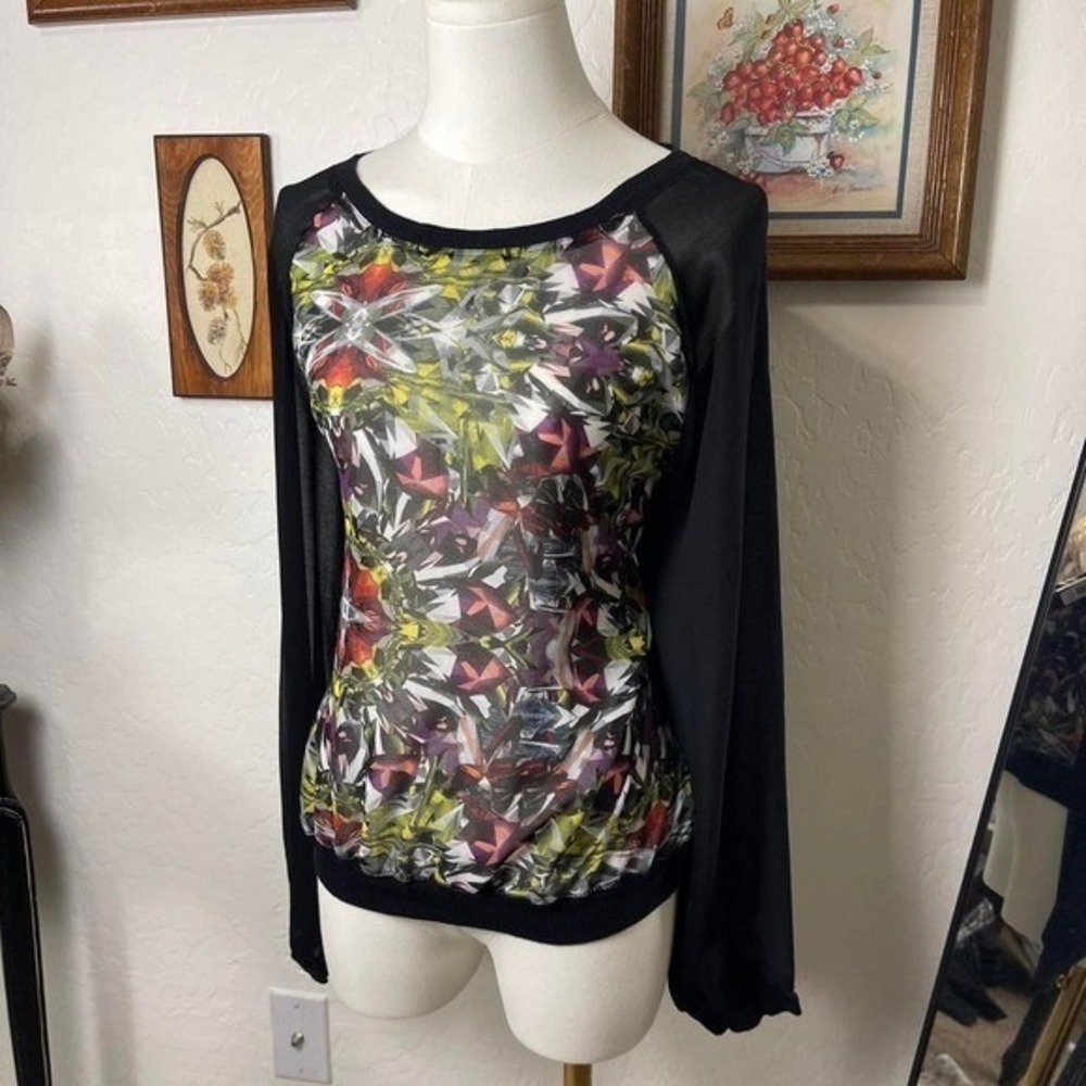 Olsenboye Kaleidoscope Print Mesh Sleeve Top Womens XL Black Multi Excellent